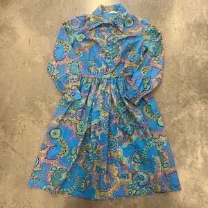 Vintage Y2K 80's Sears Floral Retro Paisley Blue Button Longsleeve Dress Medium